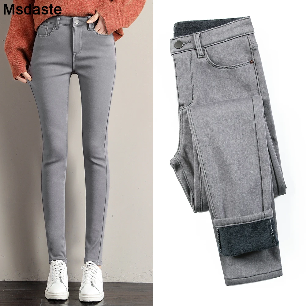 White Warm Jeans Women Winter Wear Black Grey Female Denim Trousers Young Ladies Slim Skinny Streetwear Jean Fleece Pencil Pants