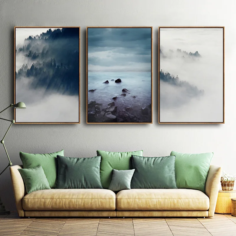 

Modern Forest Prints Wall Art Canvas Painting Tree Mist Fog Cloudy Forest Landscape Scandinavian Wall Pictures for Living Room