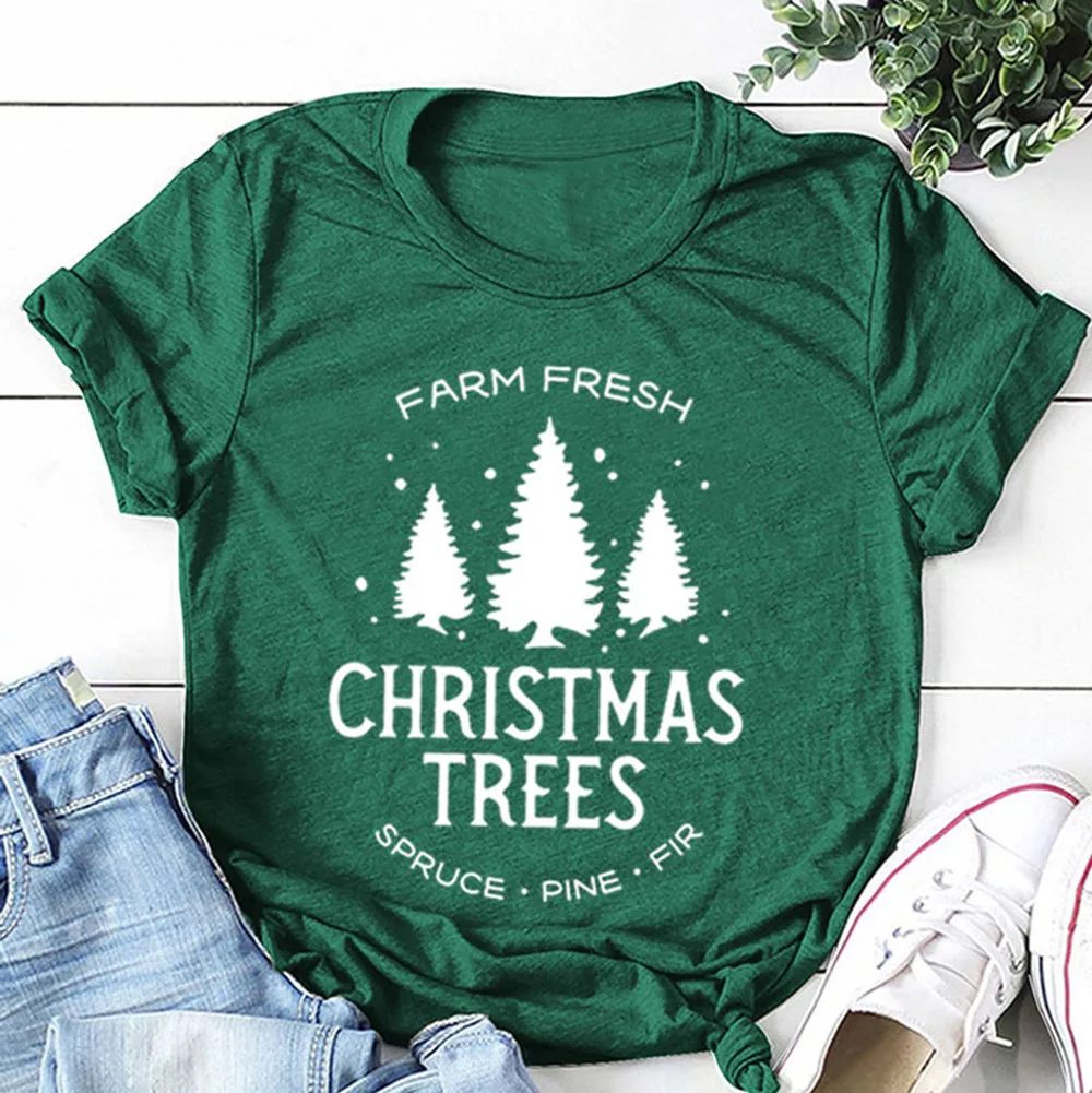 Farm Fresh Christmas Trees T Shirt Women Casual Short Sleeve O-neck Letter Print Tshirts Female Funny Christmas Clothes Top Tees