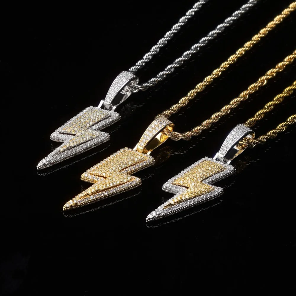 TOPGRILLZ Iced Out Bling Lightning Pendants With Tennis Chain Copper Material AAA Cubic Zircon Men\'s Hip Hop Jewelry Gift