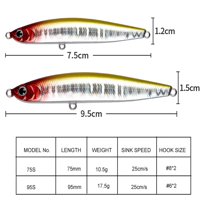 Water Sniper 10.5g 75mm Jerk Pencil Fishing Lure Sinking Bass Fish Baits Wobbler Treble Hooks Artificial Fishing Accessories