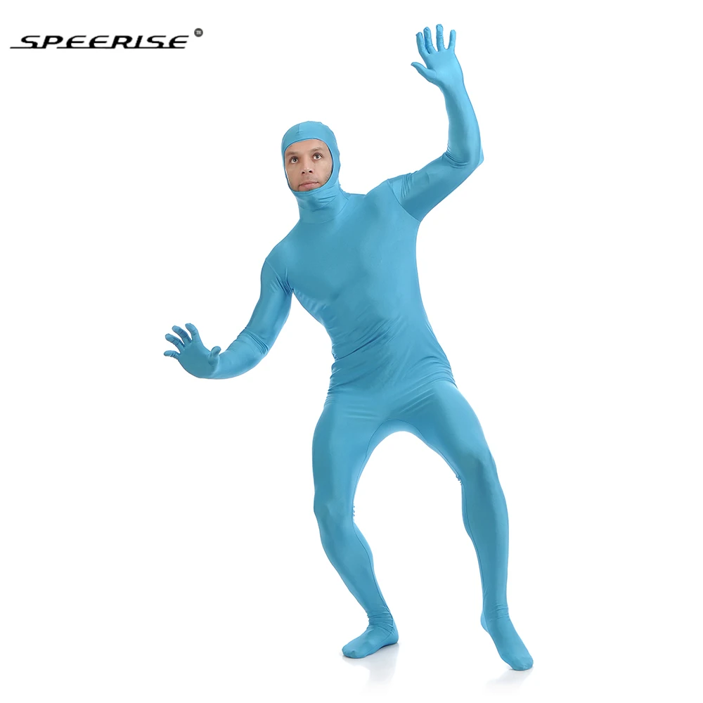 Volwassen Gezicht Open Zwarte Zentai Pak Mannen Een Stuk Spandex Nylon Tweede Huid Voor Halloween Panty Full Body Cosplay Kostuums