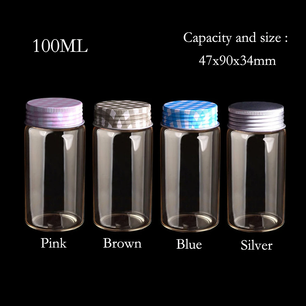 

6Pcs 100ml Cute Hyaline Glass Vials with Pink Brown Blue Silver Aluminum Cap Gifts Crafts Candy Food Cans Refillable Bottles