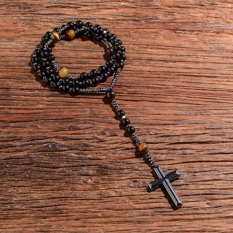 Black Onyx Yellow Tiger Eyes Beaded Catholic Christian Cross Pendant Necklace Mala Meditation Jewelry Men and Women Rosary