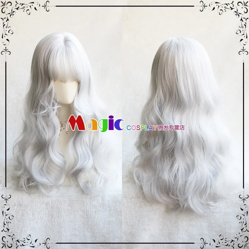 65CM Harajuku Lolita Sweet Daily Wig Silver White Girl Curly Wigs Cosplay Princess Synthetic Hair Long Wavy Party Wig