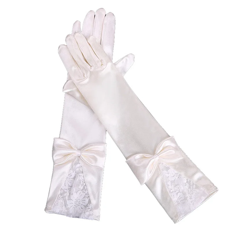 Guantes de boda con lazo, manoplas largas de color blanco, longitud hasta el codo