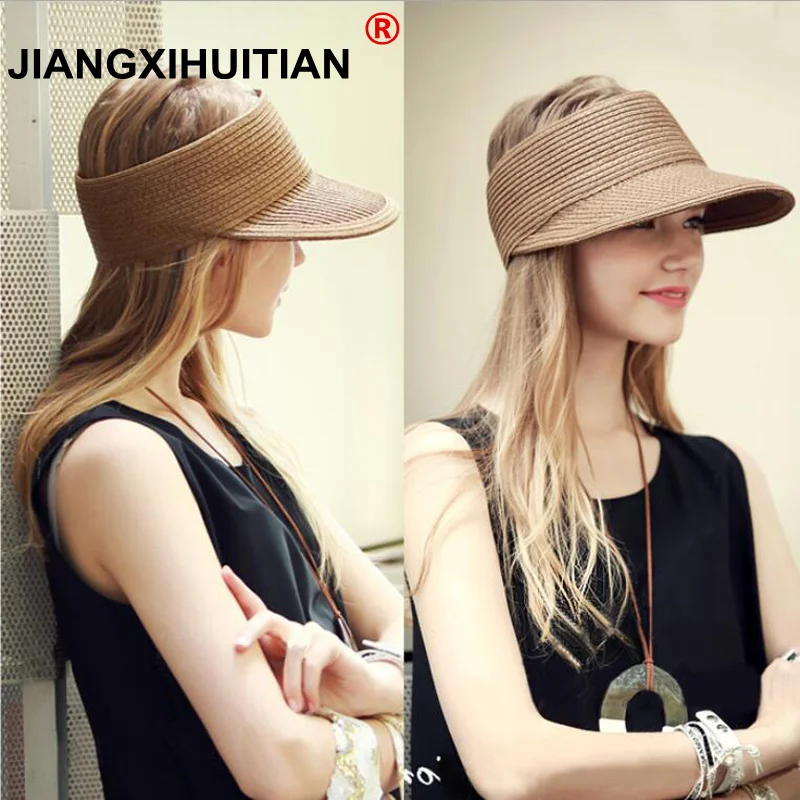 

Brand New Spring Summer Visors Cap Foldable Wide Large Brim Sun Hat Beach Hats for Women Straw Hat Wholesale Chapeau