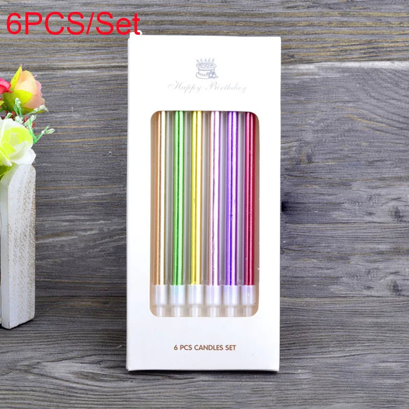 6PCS Baby Shower Gold Long Pencil Cake Candle Safe Flames Birthday Party Decoration Kids Wedding Cake Candle Home Favor Supplies