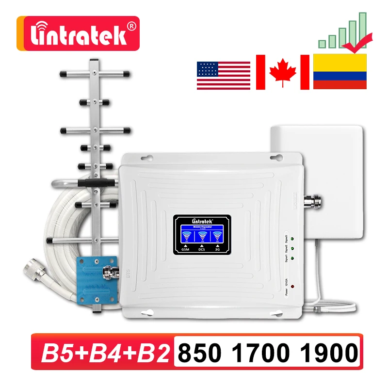 

Lintratek 2G 3G 4G 850 1700 1900mhz Cellular Amplifier Tri Band Repeater CDMA B5 AWS B2 PCS B4 Mobile Signal Booster Antenna Kit