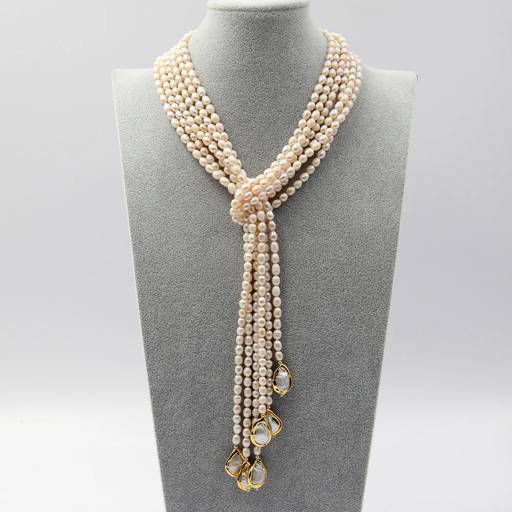 

GG 3 Strands Cultured White Rice Pearl Teardrop Keshi Pearl Lariat Long Sweater chain Necklace 50'' Handmade For Women