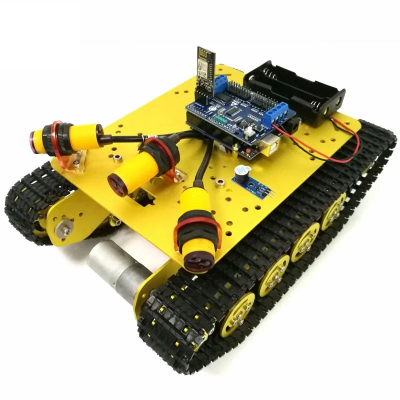 WiFi-Steuerung Hindernisvermeidung Stoßdämpfender Smart Robot Crawler Tank Car Chassis TS100 mit DT-06 WiFi-Modul Telefonsteuerung