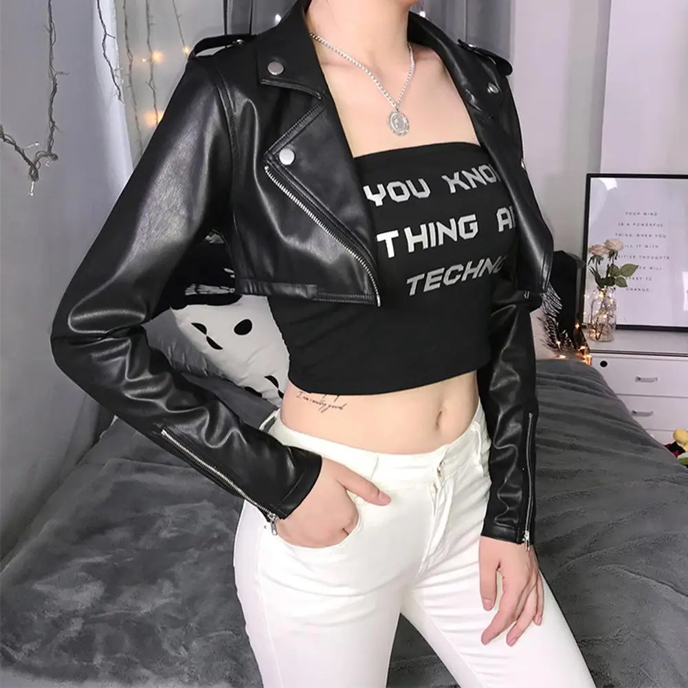 

Chic Women Lapel Collar Diagonal Zip Cuff Decor Micro Motorcycle Jacket Women Autumn Winter Faux Soft Leather Jackets Coats