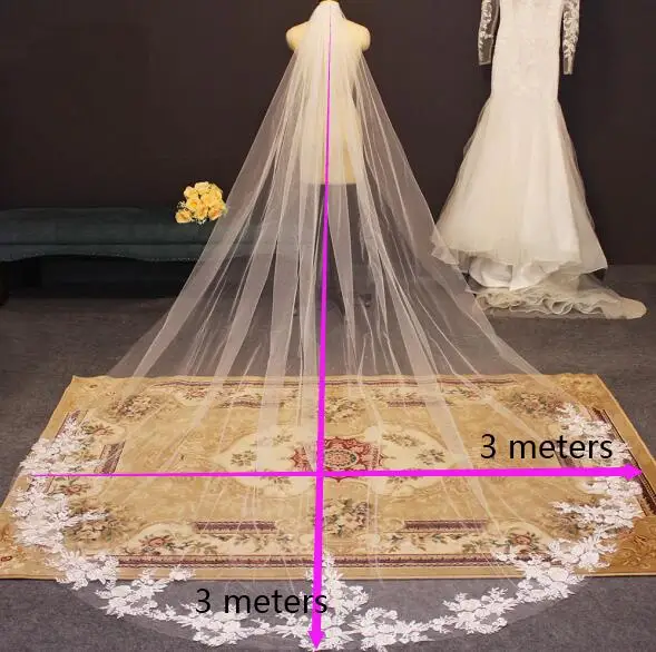 Bling Sequins Lace Appliques Wedding Veil 3 Meters Long Bridal Veil One Layer Cathedral Veil for Bride Wedding Accessories