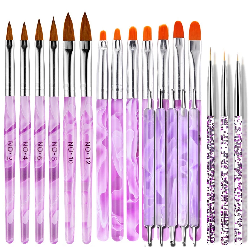 21Pcs Nail Art Set Kit Pink Acrylic Brushes +Marble UV Gel Pens + 2-Ways Dotting Pens + Fine Liner Details Brush