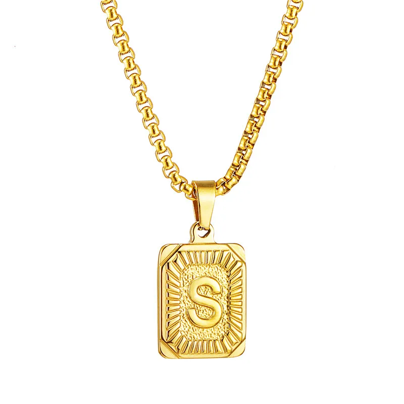 Initial Capital Letter Pendant Letter Name Necklace Woman Man Gold Silver  Square Letter Charm Box Link Chain Couple Jewelry2021