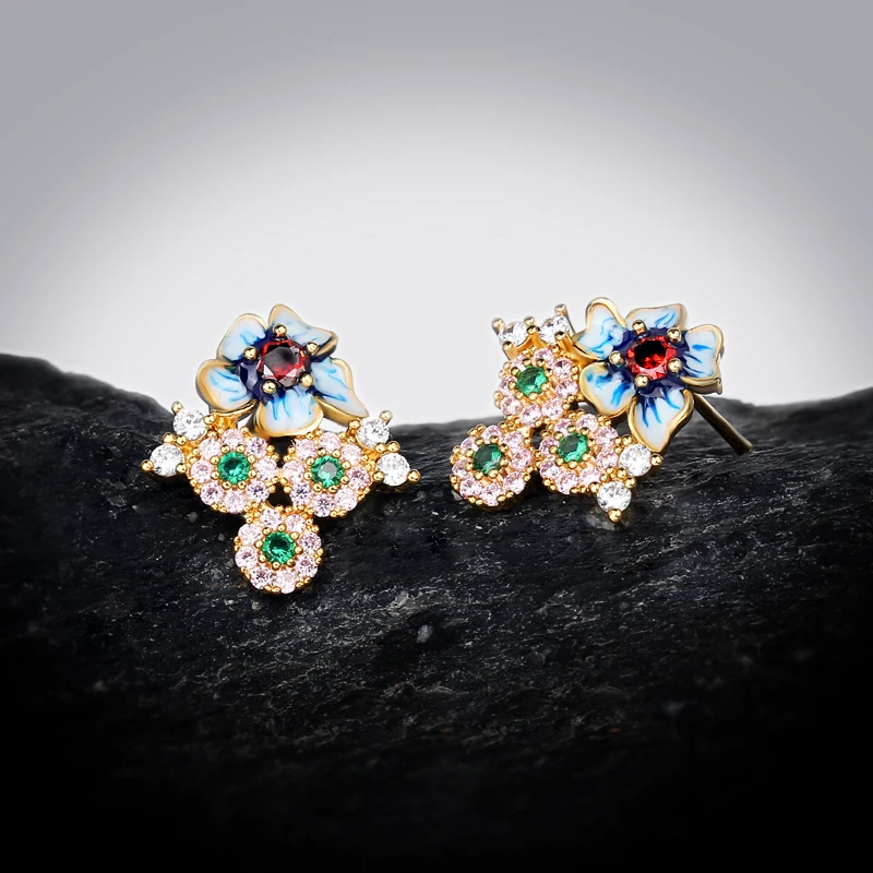 High Quality Small Fresh Flower Colorful Zircon Blue Epoxy Earrings For Women Wedding Party Engagement Travel Jewelry