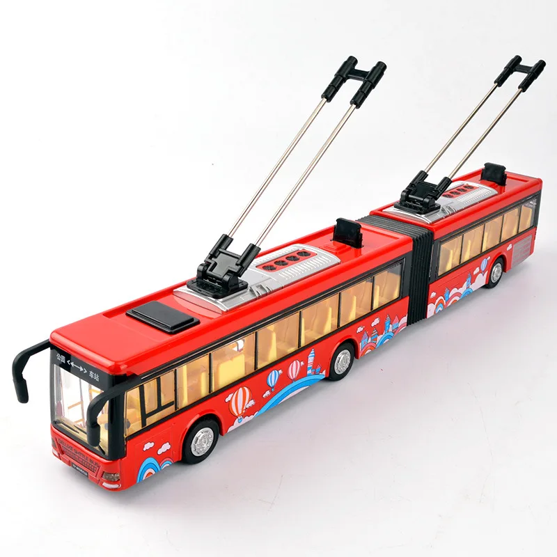 Double tram bus model,1:50 alloy pull back Double section bus,High-quality sound and light music children\'s toys