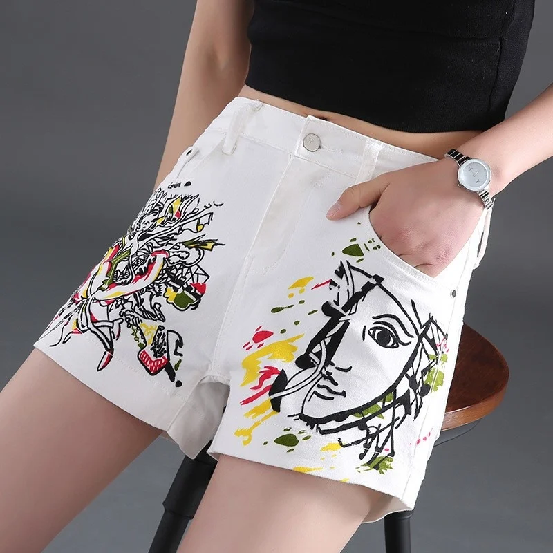 

White Summer Print Denim Shorts Women Stretch Slim Tassel Casual Shorts Streetwear OL Style Zipper Washed Female Straight Shorts