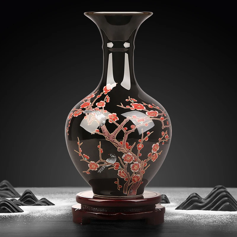 Jingdezhen Ceramics Black Glazed Plum Blossom Pattern Vase Ornaments Living Room Flower Vase