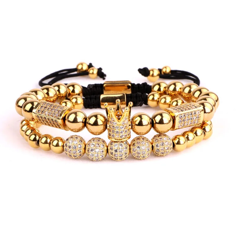 High Quality Luxury Men Women Jewelry CZ Micro Pave Ball Crown Charm Adjustable Beads Macrame Bracelet Set