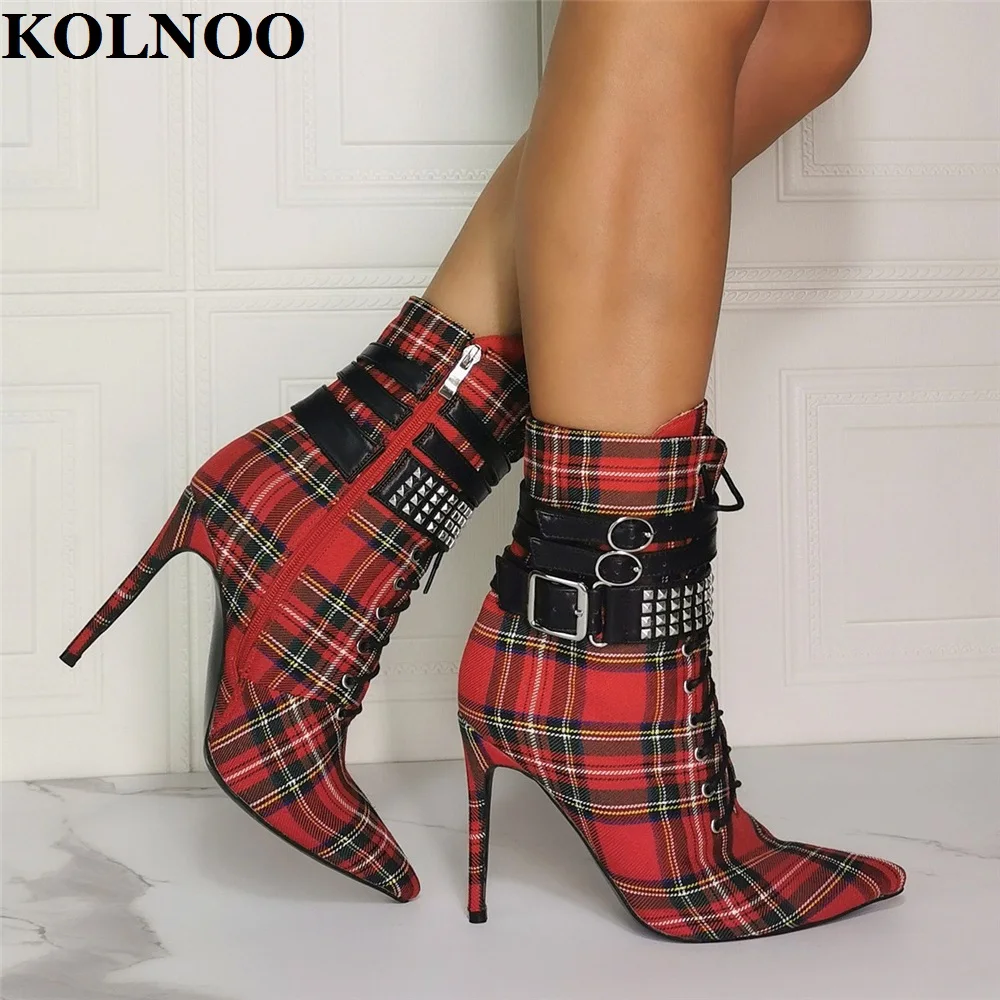 Kolnoo Real Photos Handmade Ladies High Heel Boots Plaid-Leather Rivets Spikes Buckle Deco Dress Boots Large Size Fashion Shoes