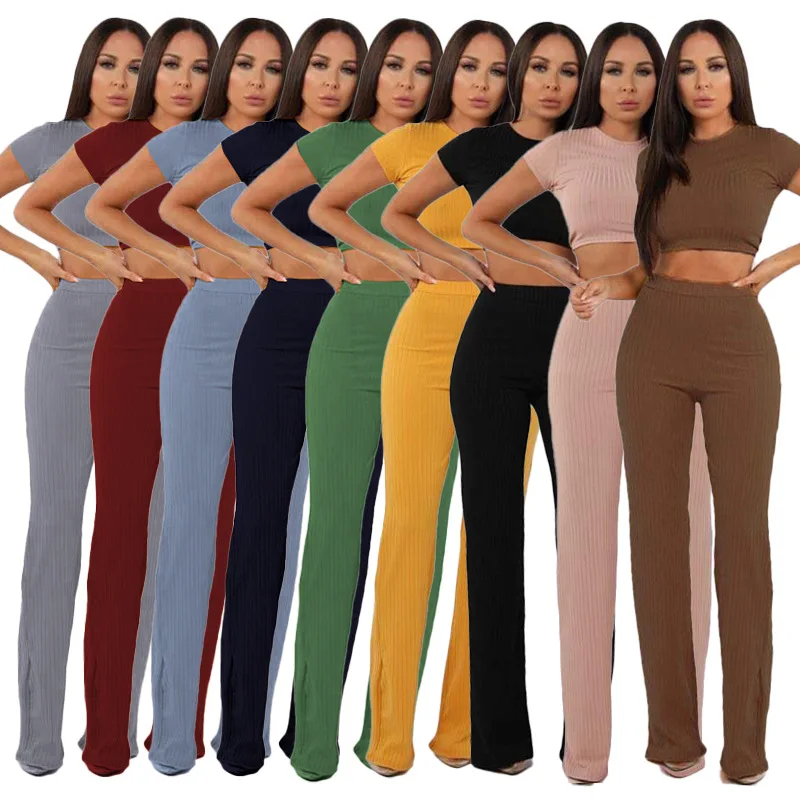 

2 Two Piece Set Women Ribbed O Neck Crop Top and Long Pants Set Sexy Autumn Short Sleeve Tracksuit Women Conjunto Feminino 2021