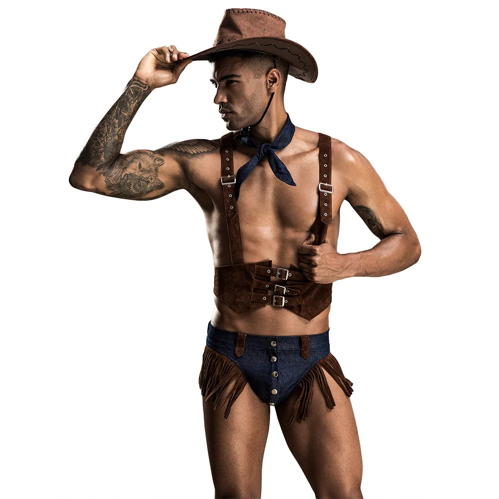 4Pieces Mens Role Play Sexy Cowboy Uniform Set Cosplay Gay Bar Dance Costume Outfit