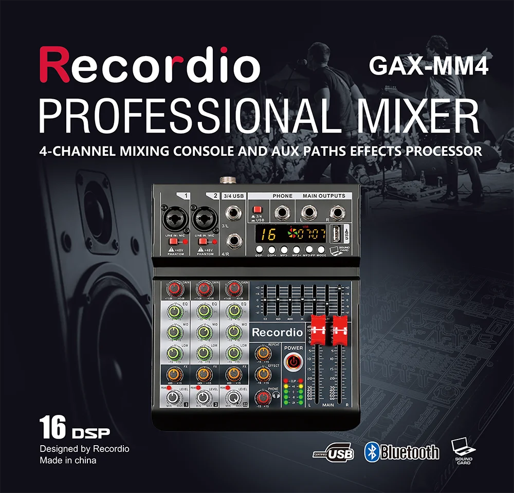 GAX-MM4 Mini 4-channel USB audio mixer with Blueteeth function 48V fantasy power multi-function mixer
