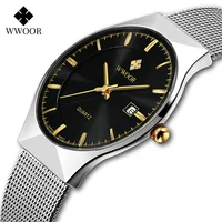 WWOOR-reloj de pulsera para hombre, cronógrafo de cuarzo, con malla plateada, ultrafina, informal, resistente al agua, con fecha, a la moda, 8016
