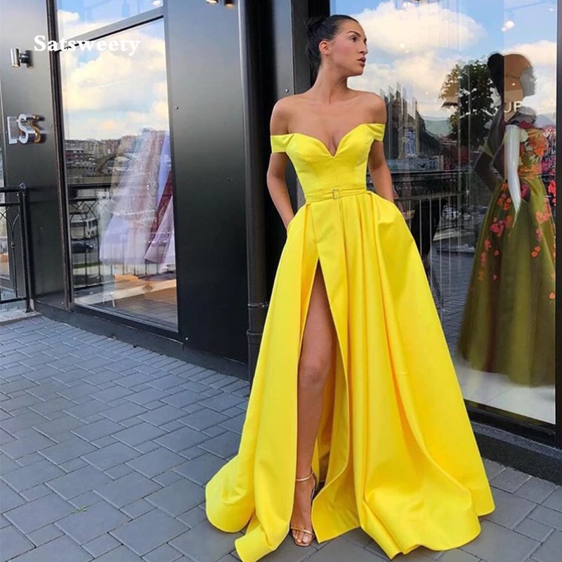 Sexy Yellow Prom Dresses Off The Shoulder Simple Satin Front Split Prom Gowns Long Women Formal Party Gowns Cheap Robe De Soiree