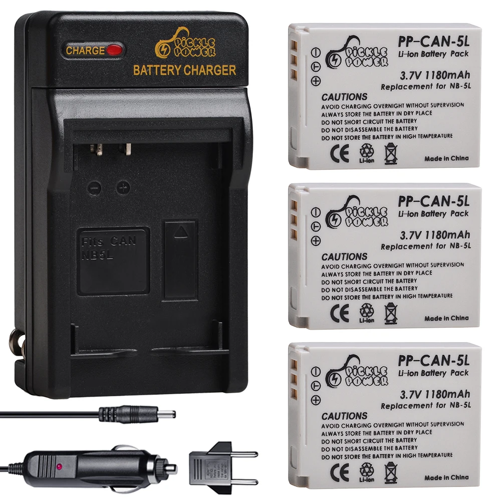 Pickle Power NB-5L 1180mAh Battery For Canon PowerShot S100 S110 SD790IS SD850IS SD870IS SD880IS SD890IS SD970IS Car Charger