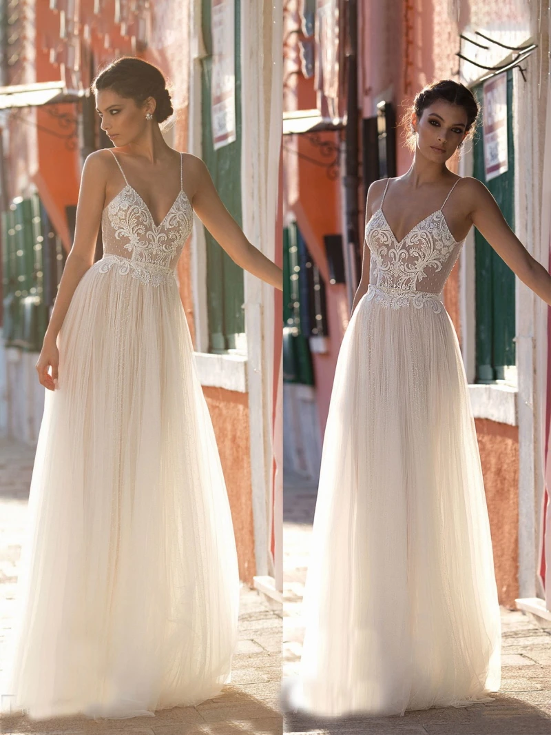 Vestido de novia de encaje con tirantes finos, prenda Bohemia sin mangas, espalda abierta, longitud hasta el suelo, Sexy, muestra Real, 3180 #