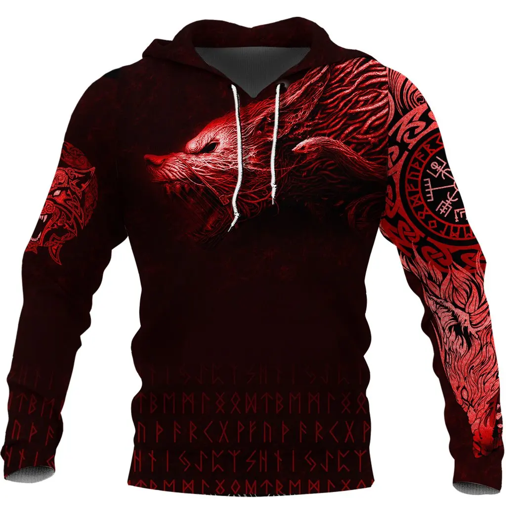 Sweat-shirt à capuche pour hommes, imprimé en 3D, motif Totem Viking, loup rouge, fermeture éclair, unisexe, mode décontractée, DYI279