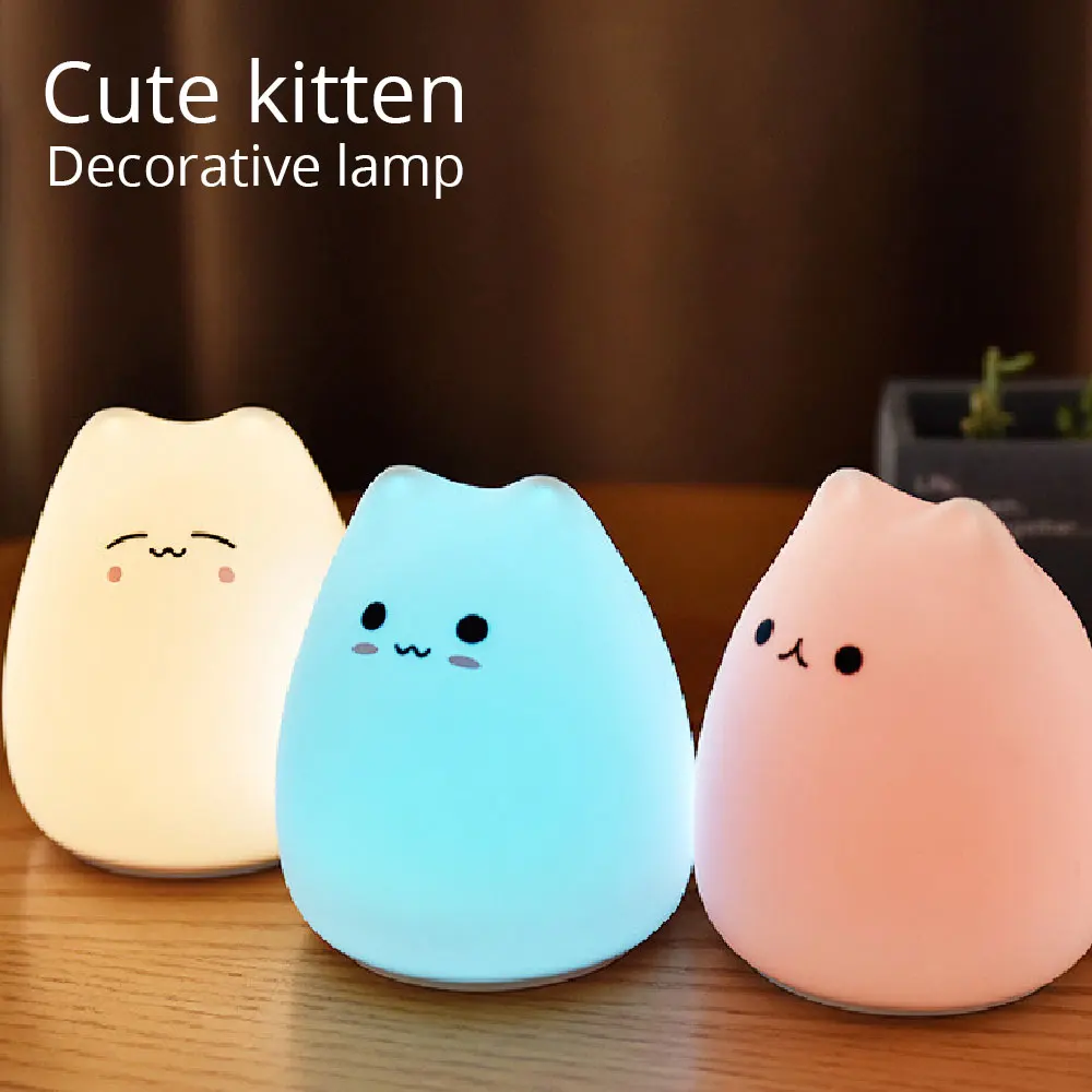 Silicone Cute Cat Night Lamp With Touch Sensor Battery Powered Bedside Lamp 7 Colors Changing Table Decor Lamp Children Kid Gift