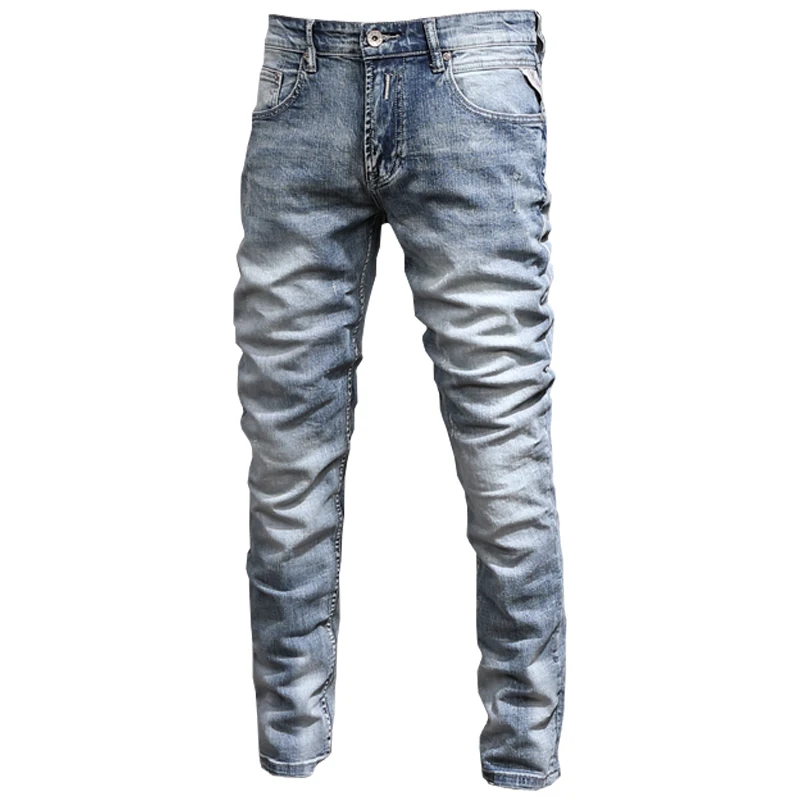 Casual Light Blue Jeans Men Classic Regular Fit Straight Denim Pants