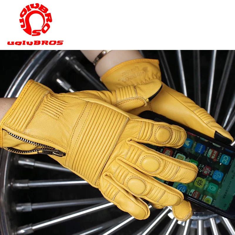 High quality Yellow Black Touch Screen Motorcycle Leather Gloves Outdoor Brotection Scooter  Motorbike Motor Gloves Size:S-2XL