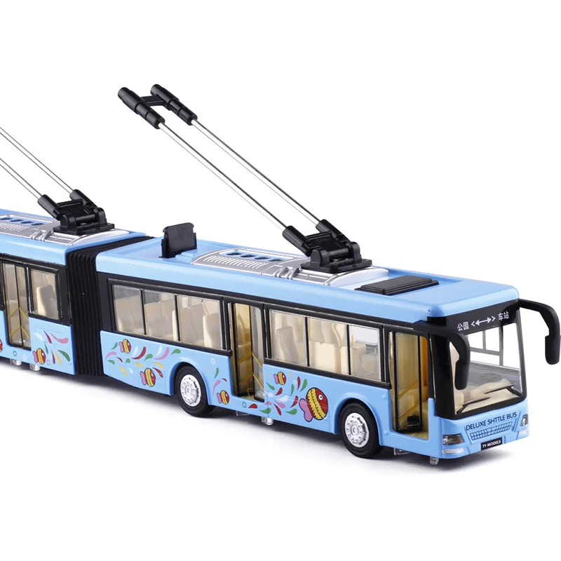 Double tram bus model,1:50 alloy pull back Double section bus,High-quality sound and light music children\'s toys