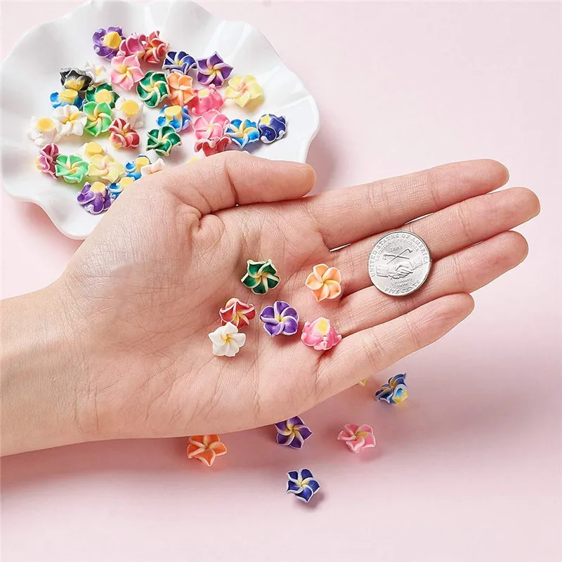 200pcs 12mm 15mm 20mm Handmade Polymer Clay 3D Flower Plumeria Beads DIY Jewelry Accessories Crafts Supplies Making Mixed Color