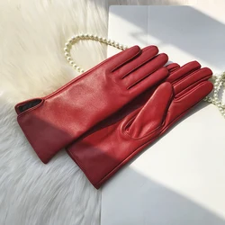 Women's Genuine Leather Gloves Red Medium Length Sheepskin Glove Thin Lining Autumn Winter Velvet Lining Hand Armguard Windproof