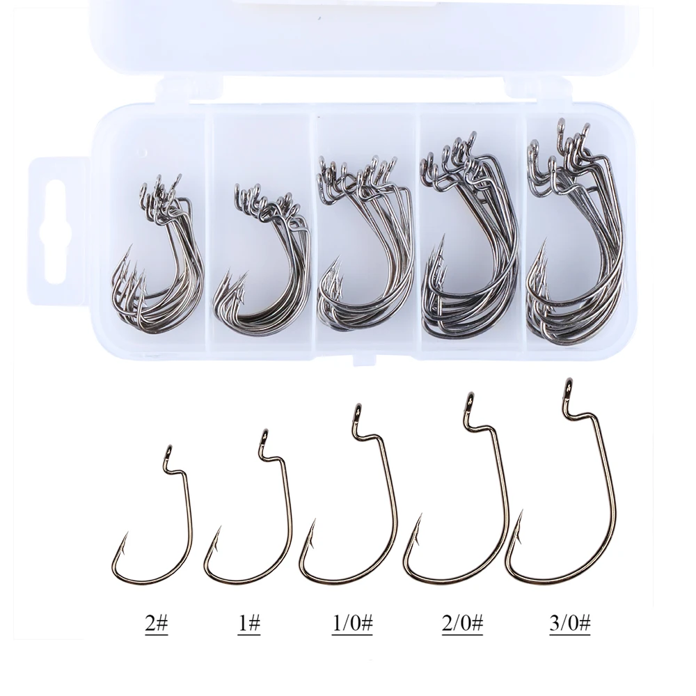 Goture 50pcs Crank Hook Offset Fishhook Bass Hooks 2# 1# 1/0# 2/0# 3/0# High Carbon Steel Fishhook With Fishing Tackle Box