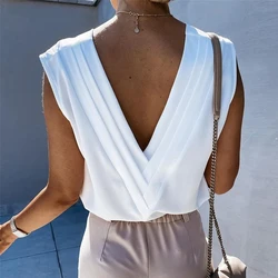 Blouses Femme V Neck Sexy Sleeveless Summer White Shirts Ladies Elegant Casual Backless Tops Women 2022