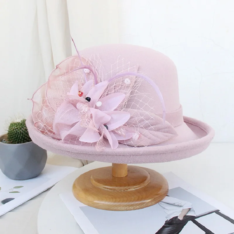 2021 frauen Warme Wolle Filz Blumen Hut Damen Breiter Krempe Hut Herbst Winter Edle Elegante Mädchen Mode Party Kappe Dekoration – Detail 12