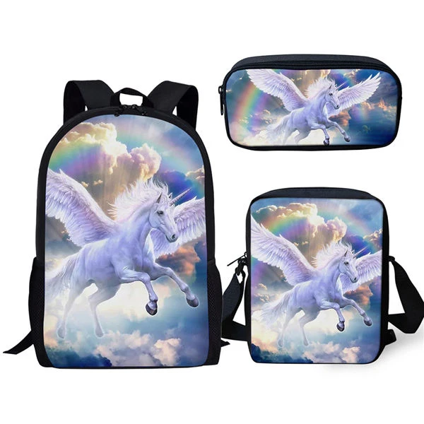 Crianças ombro mochila fantasia cavalo estampas padrão primária escola criança 3 pces conjunto saco de livro/aletas saco/caneta