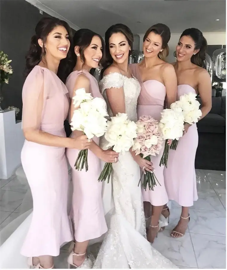 Vestidos curtos cor-de-rosa para dama de honra, um ombro, bainha, comprimento do chá, personalizado, vestido de dama de honra, plus size, vestidos de festa de casamento