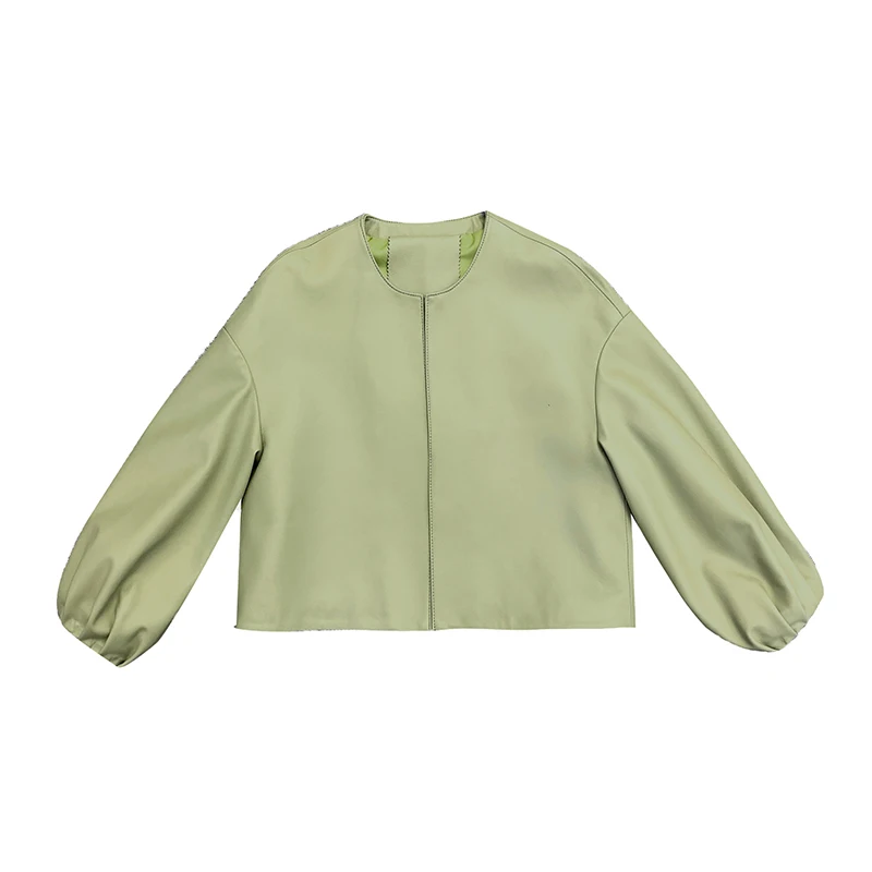 Veste fine en cuir véritable pour femme, manteau à col rond, simple et décontracté, sans boutons, manches bouffantes, chic, printemps 2024