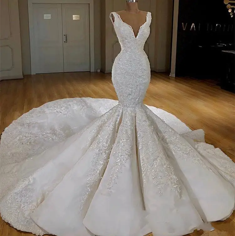 Vestidos de novia de sirena africana de lujo personalizados, cuello en V, Apliques de encaje, cuentas de cristal, tren capilla sin mangas, talla grande Formal