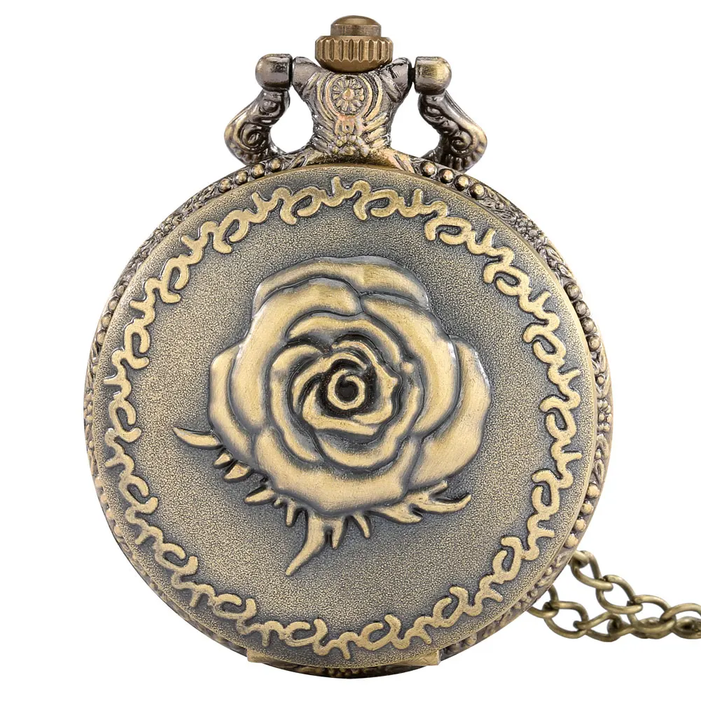 Retro Bronze 3D Engraved Three-dimensional Rose Flower Pattern Quartz Ancient Necklace Chain Flowers Clock Pendant for Men Women