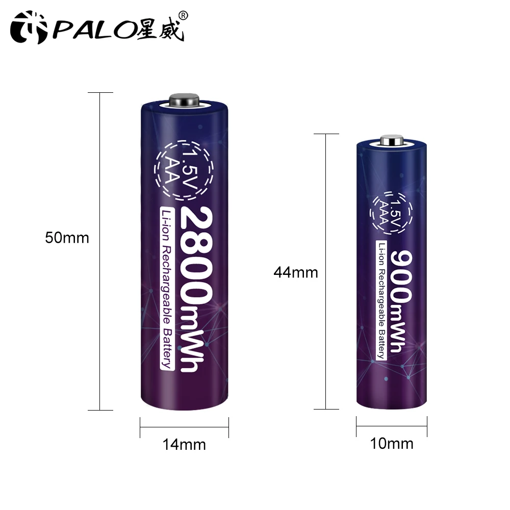 PALO 4pcs 2800mWh AA Li-ion 1.5V Rechargeable Battery + 4pcs 1.5v AAA 900mWh lithium rechargeable battery with 1.5v usb charger