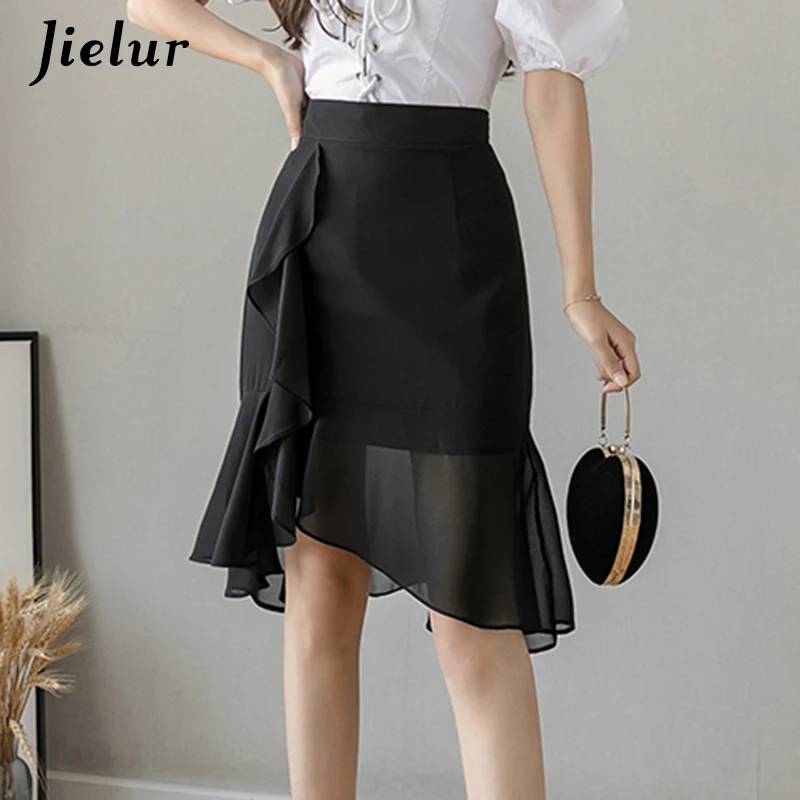 Jielur – Mini jupe trompette en mousseline de soie, à pois, Vintage, asymétrique, mode, élégante, taille haute, noire, pour femmes, été