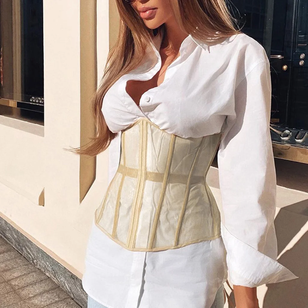 Women Sexy See-Through Mesh Underbust Corset Top Crisscross Lace-Up Bandage Bustier Slimming Waist Belt Cincher Body Shaper .